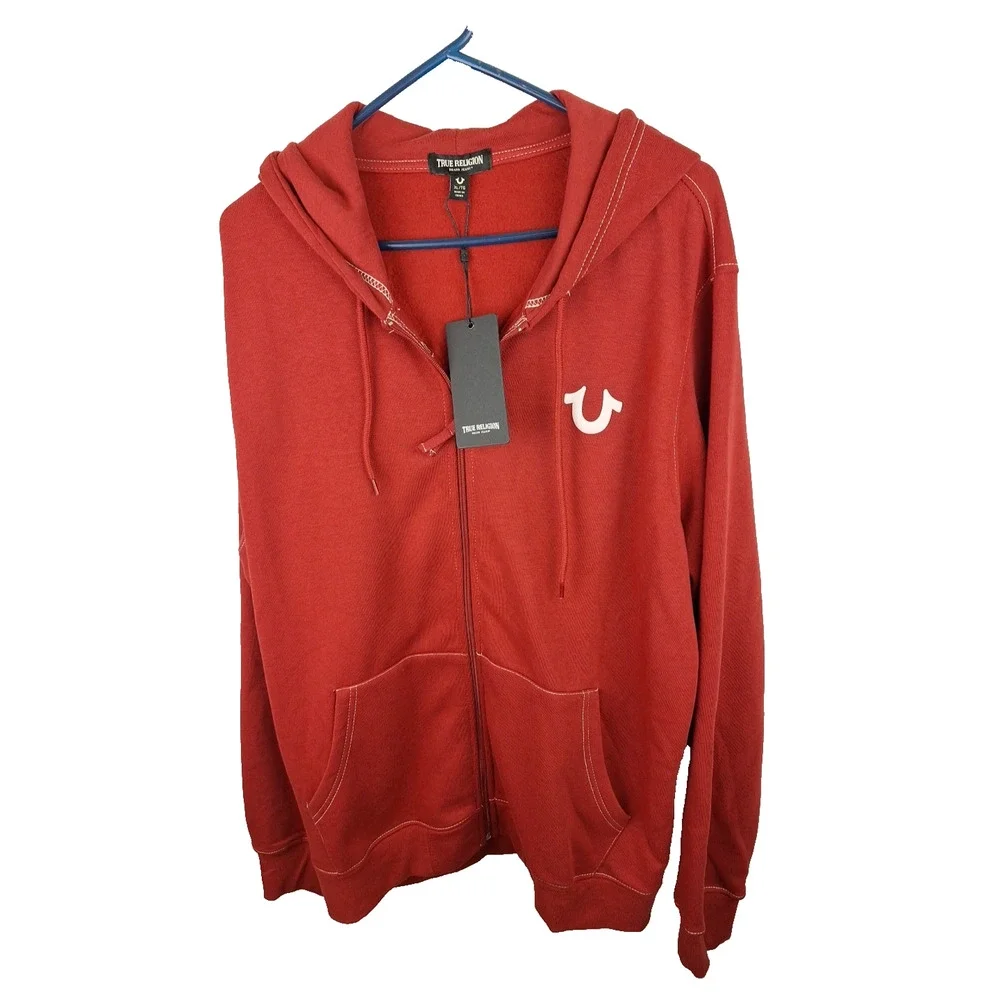 True Religion Horseshoe Graphic Logo Full Zip Red Hoodie Sweatshirt Size XL